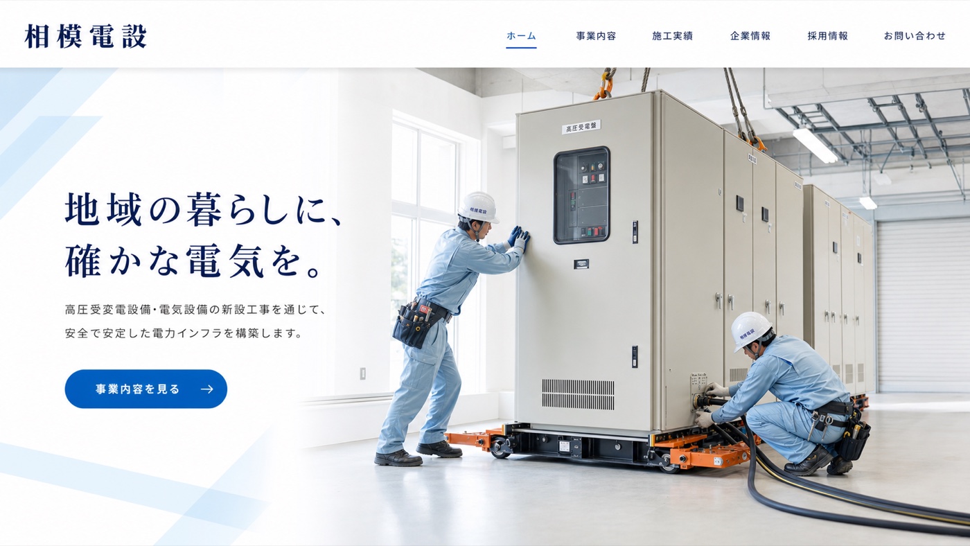 架空の電気工事会社「相模電設」の大型受変電設備新設工事ホームページ見本